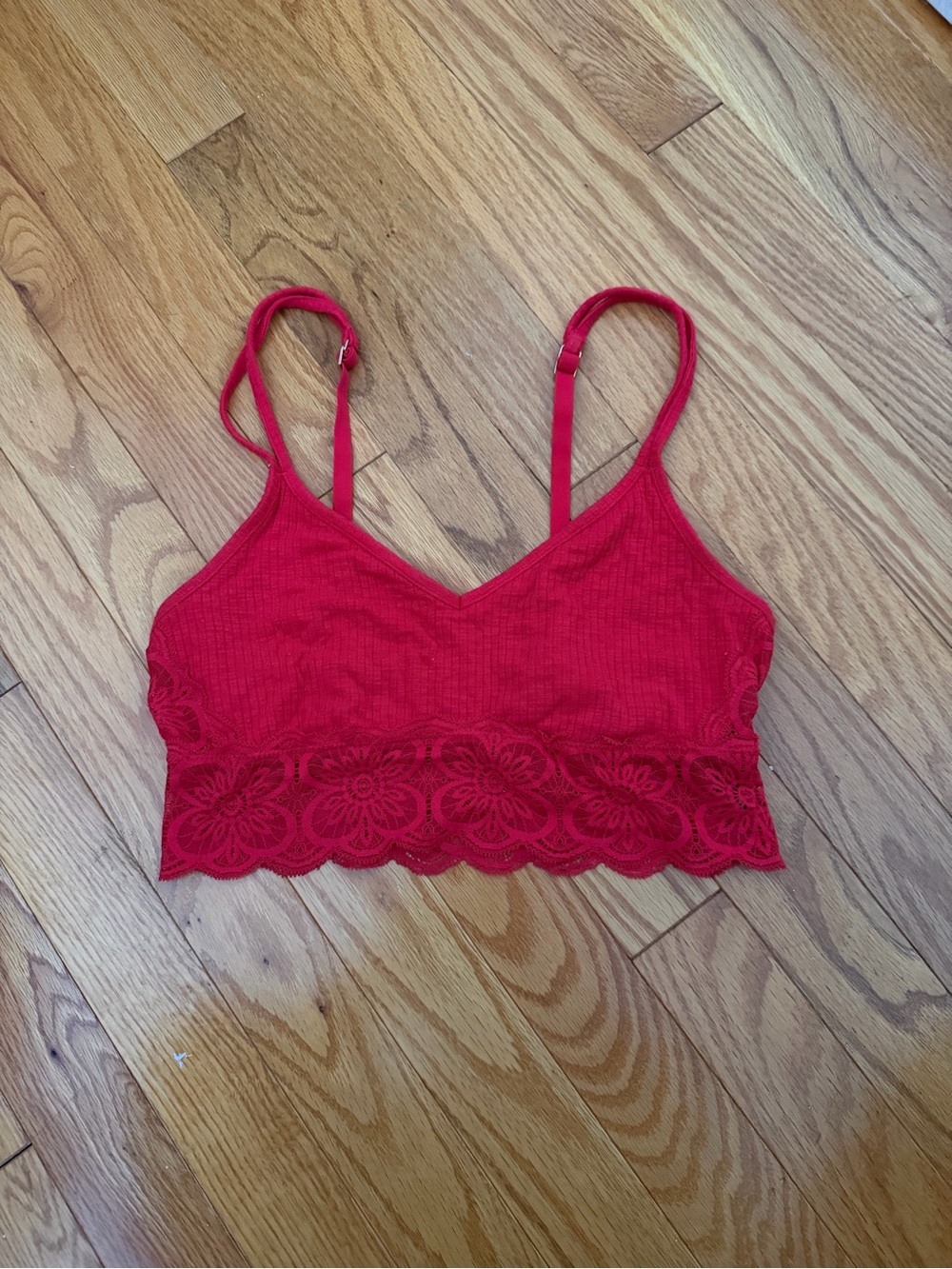 aerie Red Lace Trim Ribbed Crop Bralette